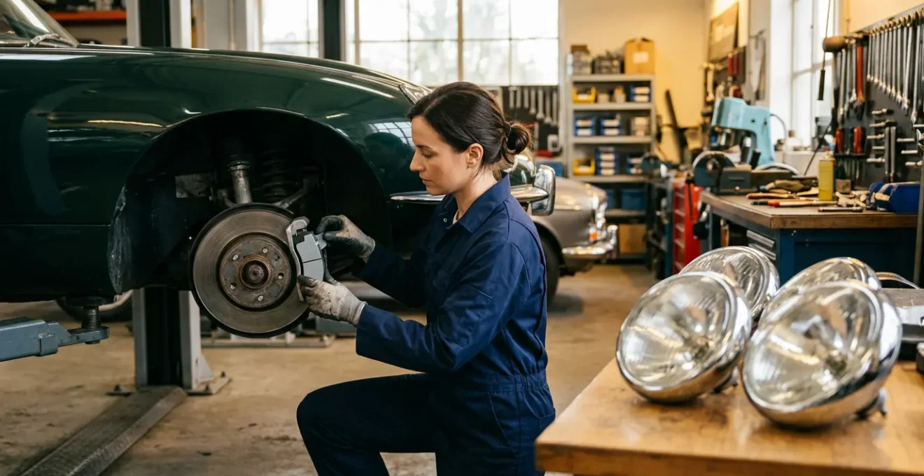 Mécanicien remplaçant des plaquettes de frein et rénovant des phares sur une voiture ancienne dans un garage bien éclairé