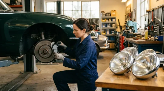 Mécanicien remplaçant des plaquettes de frein et rénovant des phares sur une voiture ancienne dans un garage bien éclairé