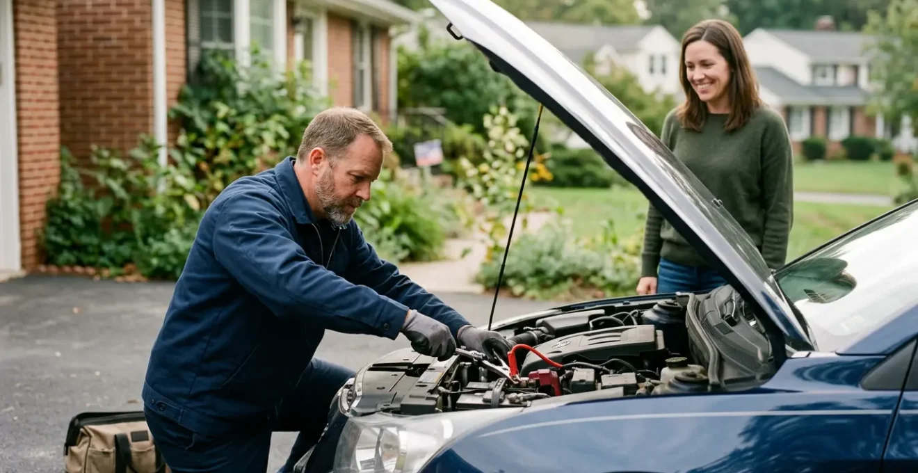 Technicien d'assistance automobile intervenant sur une batterie de voiture en panne