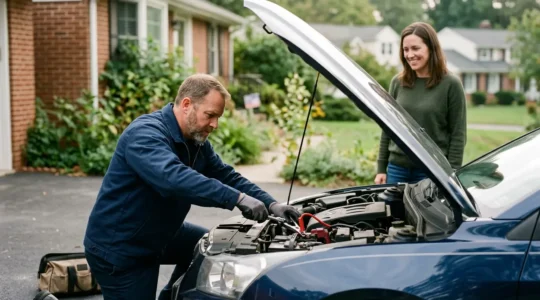 Technicien d'assistance automobile intervenant sur une batterie de voiture en panne