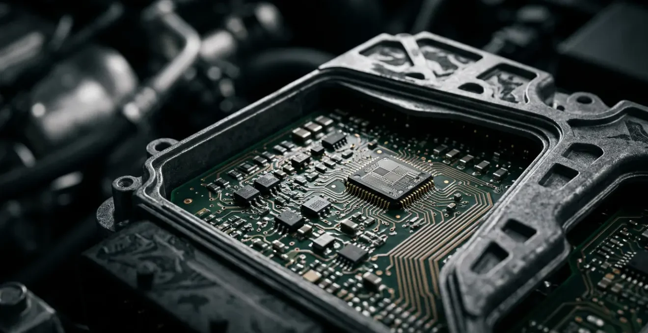 Vue macro d'un calculateur moteur automobile avec ses circuits électroniques visibles