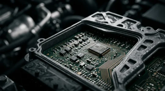 Vue macro d'un calculateur moteur automobile avec ses circuits électroniques visibles