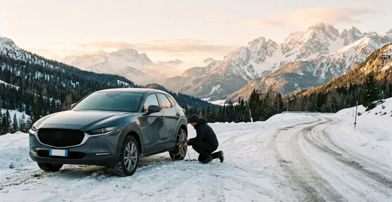 Installation de chaînes à neige sur une voiture moderne avec jantes larges sur une aire de chaînage en montagne