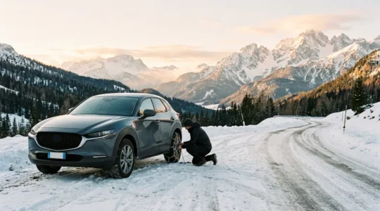 Installation de chaînes à neige sur une voiture moderne avec jantes larges sur une aire de chaînage en montagne