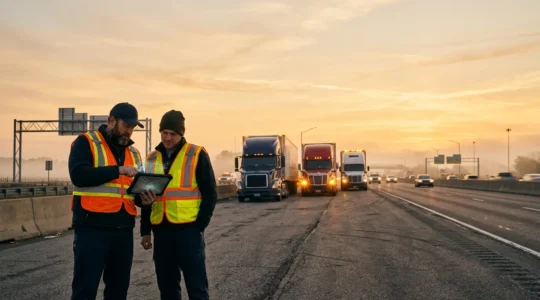Chauffeurs routiers coordonnant une réponse d'urgence sur autoroute