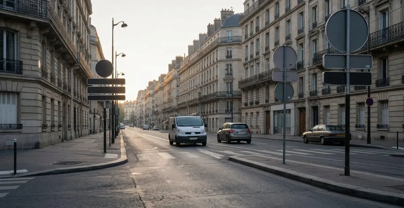 Vue d'ensemble d'une entrée de ZFE avec panneaux de signalisation et véhicules circulant