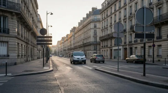 Vue d'ensemble d'une entrée de ZFE avec panneaux de signalisation et véhicules circulant