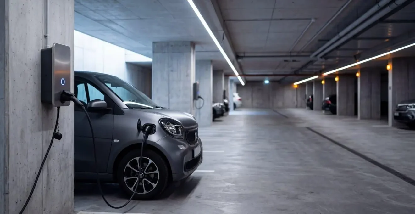 Vue d'une citadine électrique en train de se recharger dans un parking souterrain de copropriété