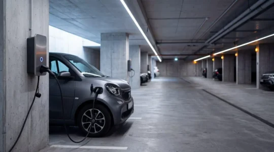 Vue d'une citadine électrique en train de se recharger dans un parking souterrain de copropriété