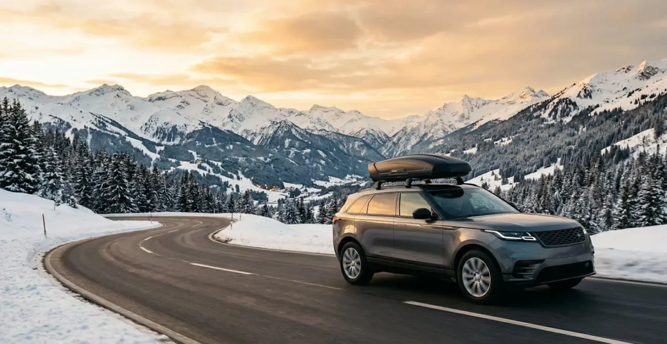 Voiture équipée d'un coffre de toit aérodynamique sur route de montagne enneigée
