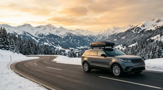 Voiture équipée d'un coffre de toit aérodynamique sur route de montagne enneigée