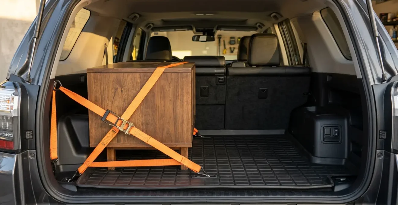 Vue intérieure d'un coffre de voiture spacieux avec un meuble soigneusement arrimé par des sangles professionnelles et un système de protection du plancher