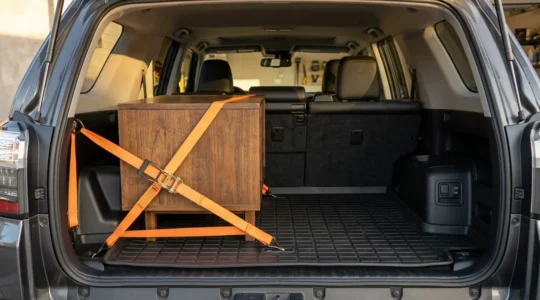 Vue intérieure d'un coffre de voiture spacieux avec un meuble soigneusement arrimé par des sangles professionnelles et un système de protection du plancher