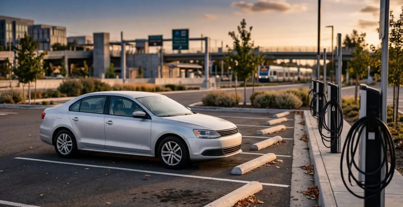 Véhicule diesel moderne stationné près d'un parking-relais urbain avec panneau environnemental flou