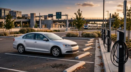 Véhicule diesel moderne stationné près d'un parking-relais urbain avec panneau environnemental flou