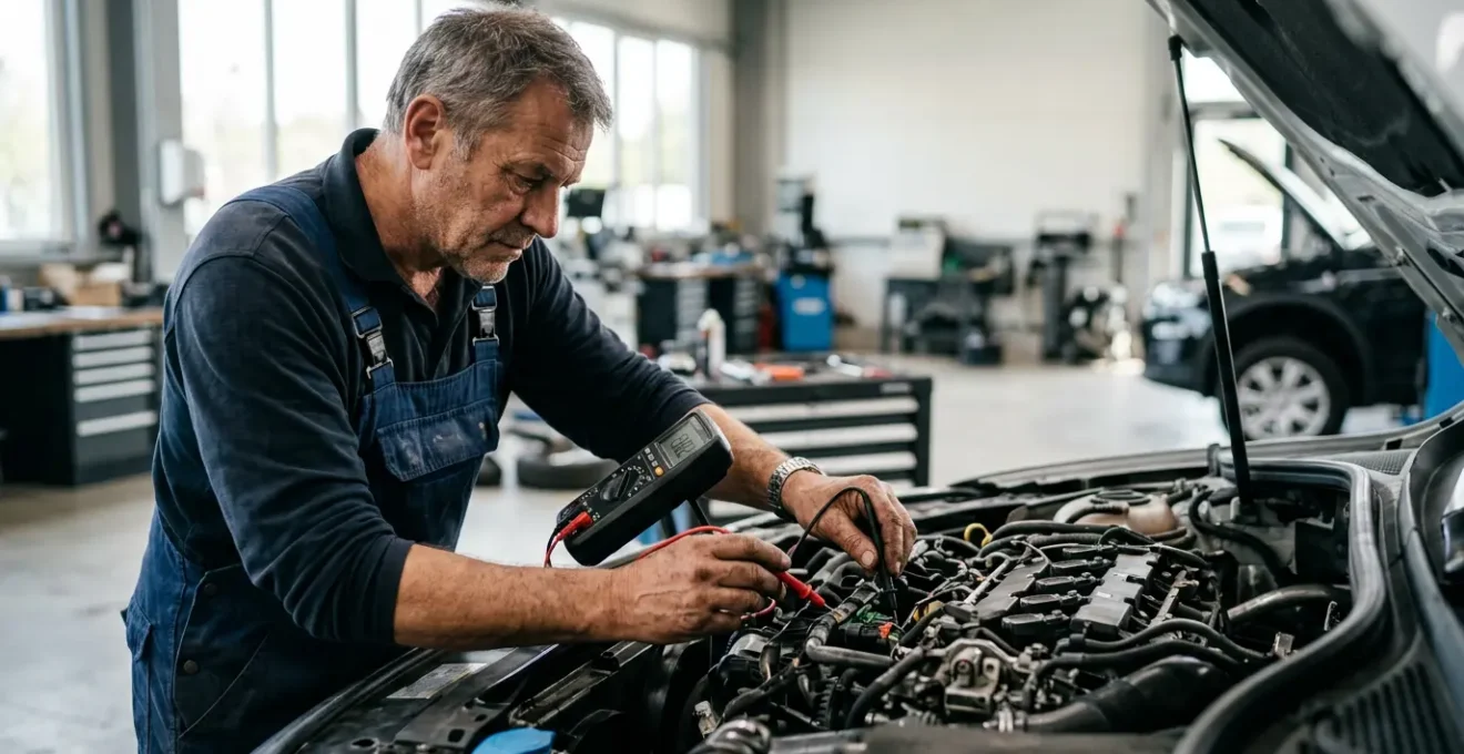 Mécanicien effectuant un diagnostic avec un multimètre sur un moteur dans un garage