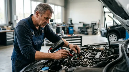 Mécanicien effectuant un diagnostic avec un multimètre sur un moteur dans un garage