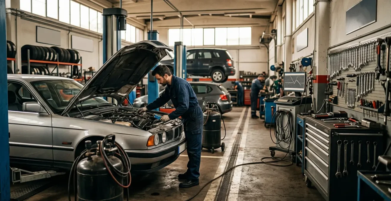 Mécanicien professionnel travaillant sous le capot d'une voiture dans un garage indépendant