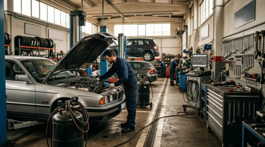 Mécanicien professionnel travaillant sous le capot d'une voiture dans un garage indépendant