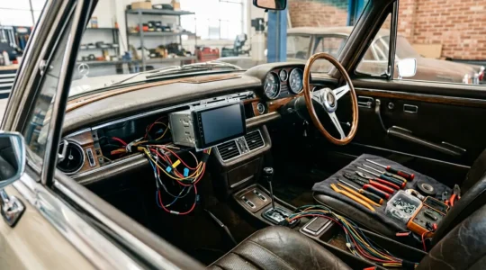 Installation d'un autoradio moderne dans le tableau de bord d'une voiture ancienne avec outils et composants