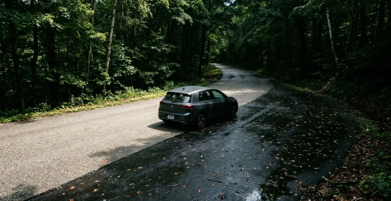 Voiture sur route humide traversant une zone ombragée en forêt avec reflets brillants sur la chaussée
