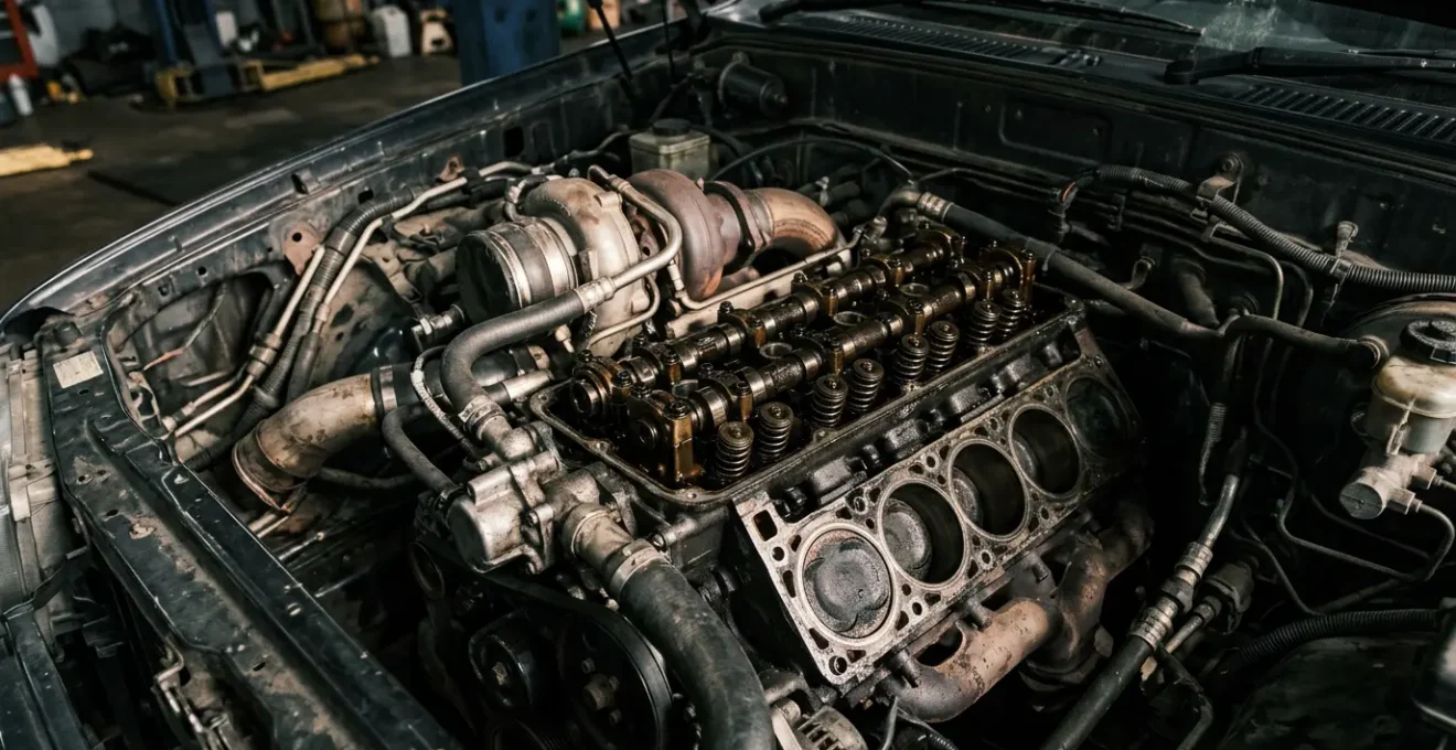 Vue détaillée d'un moteur automobile ouvert montrant les composants internes avec traces d'usure après 100 000 km
