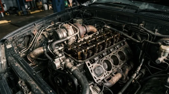 Vue détaillée d'un moteur automobile ouvert montrant les composants internes avec traces d'usure après 100 000 km