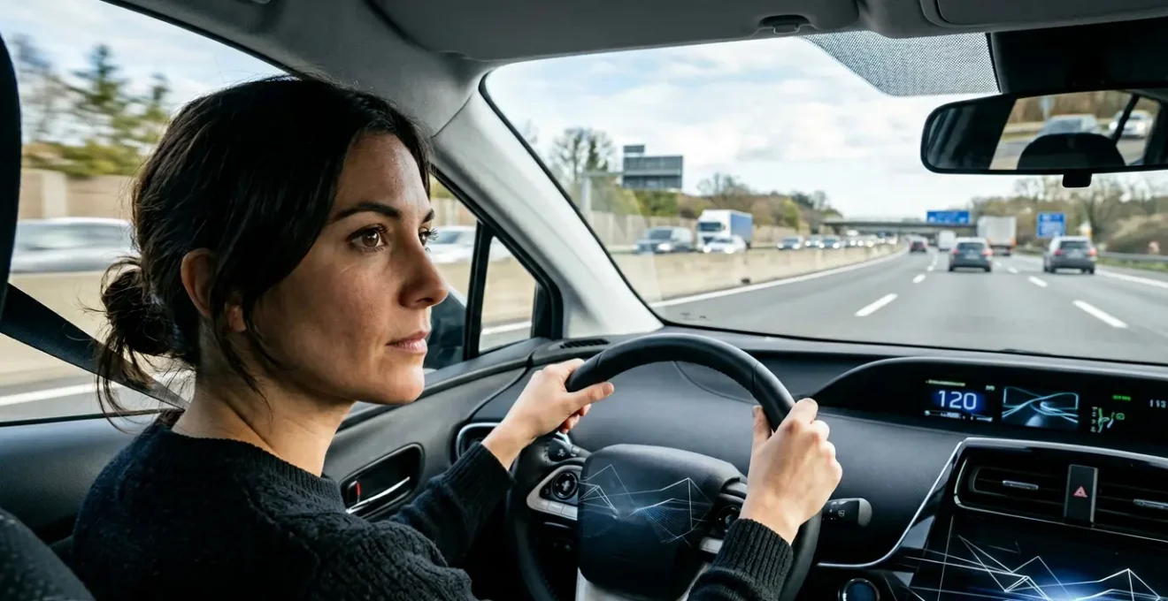 Conducteur surveillant la route pendant qu'un système ADAS maintient le véhicule dans sa voie sur autoroute