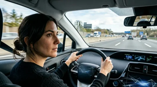 Conducteur surveillant la route pendant qu'un système ADAS maintient le véhicule dans sa voie sur autoroute