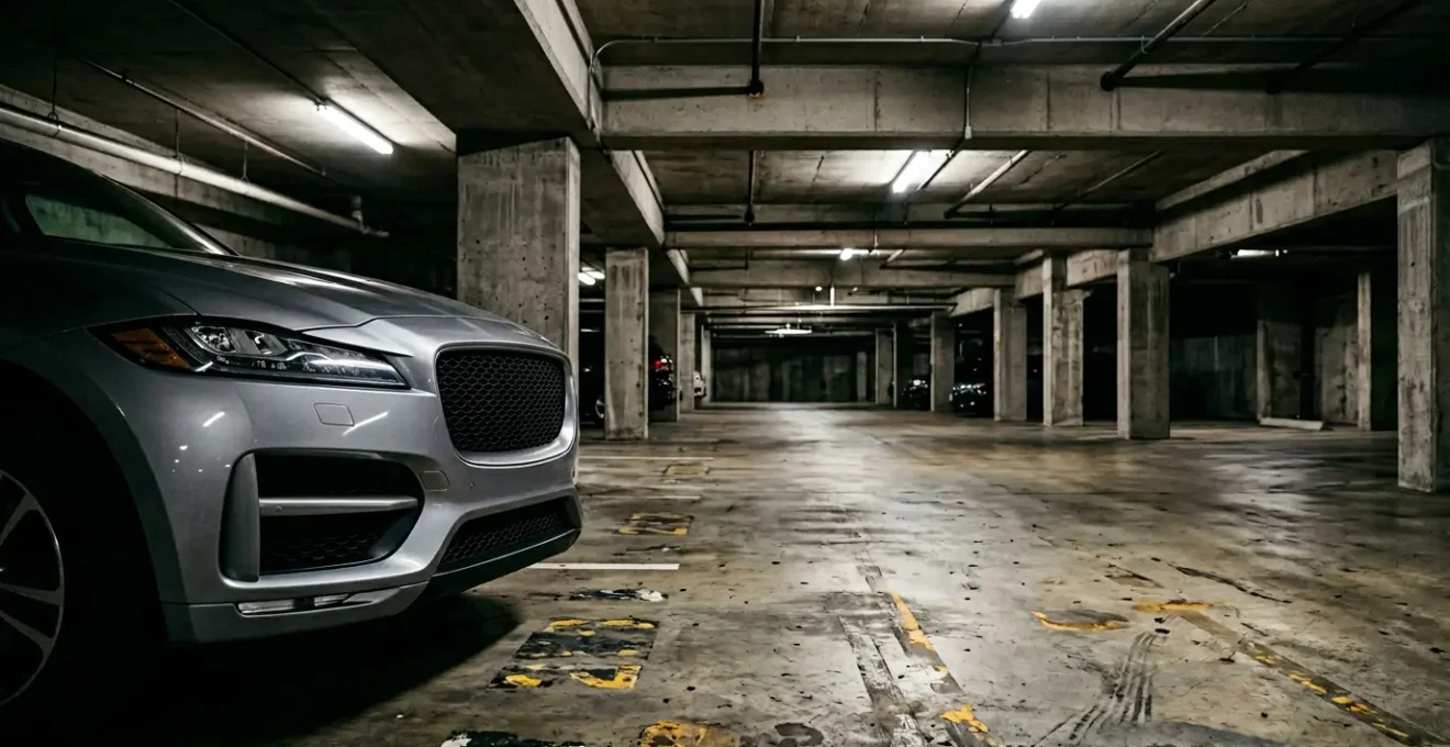 Vue en contre-plongée d'un capteur radar de voiture dans un parking souterrain avec des jeux de lumière et d'ombre
