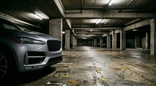 Vue en contre-plongée d'un capteur radar de voiture dans un parking souterrain avec des jeux de lumière et d'ombre