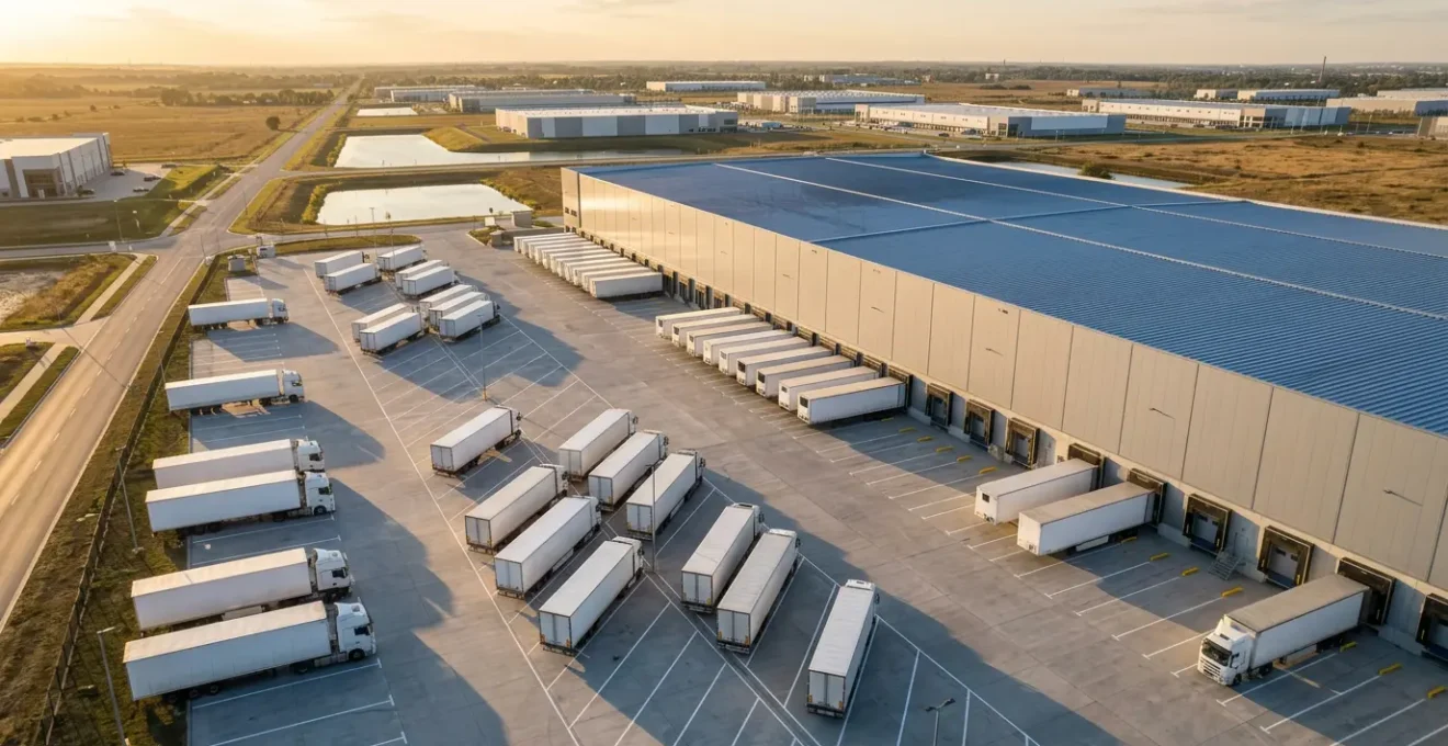 Vue aérienne d'un entrepôt logistique moderne avec camions et systèmes de chargement automatisés