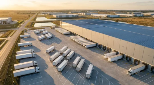 Vue aérienne d'un entrepôt logistique moderne avec camions et systèmes de chargement automatisés