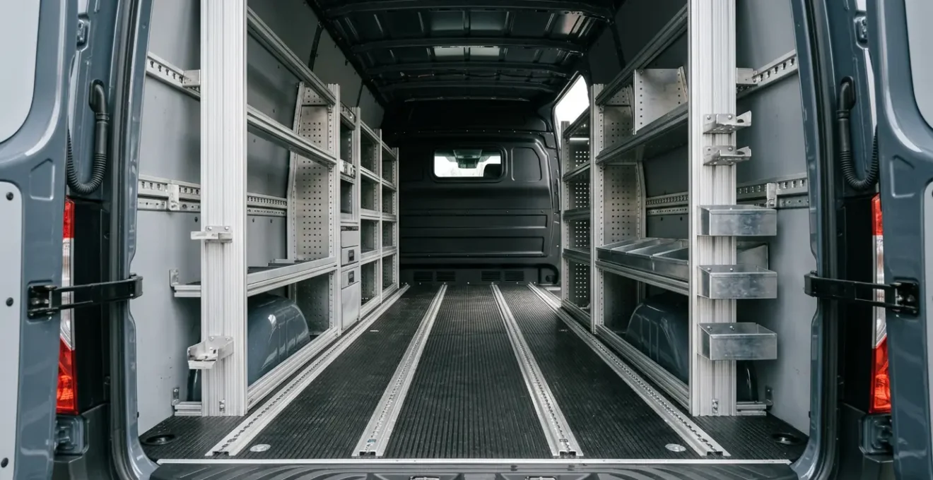 Intérieur d'un fourgon utilitaire avec système d'arrimage professionnel et répartition optimale des charges