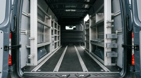 Intérieur d'un fourgon utilitaire avec système d'arrimage professionnel et répartition optimale des charges