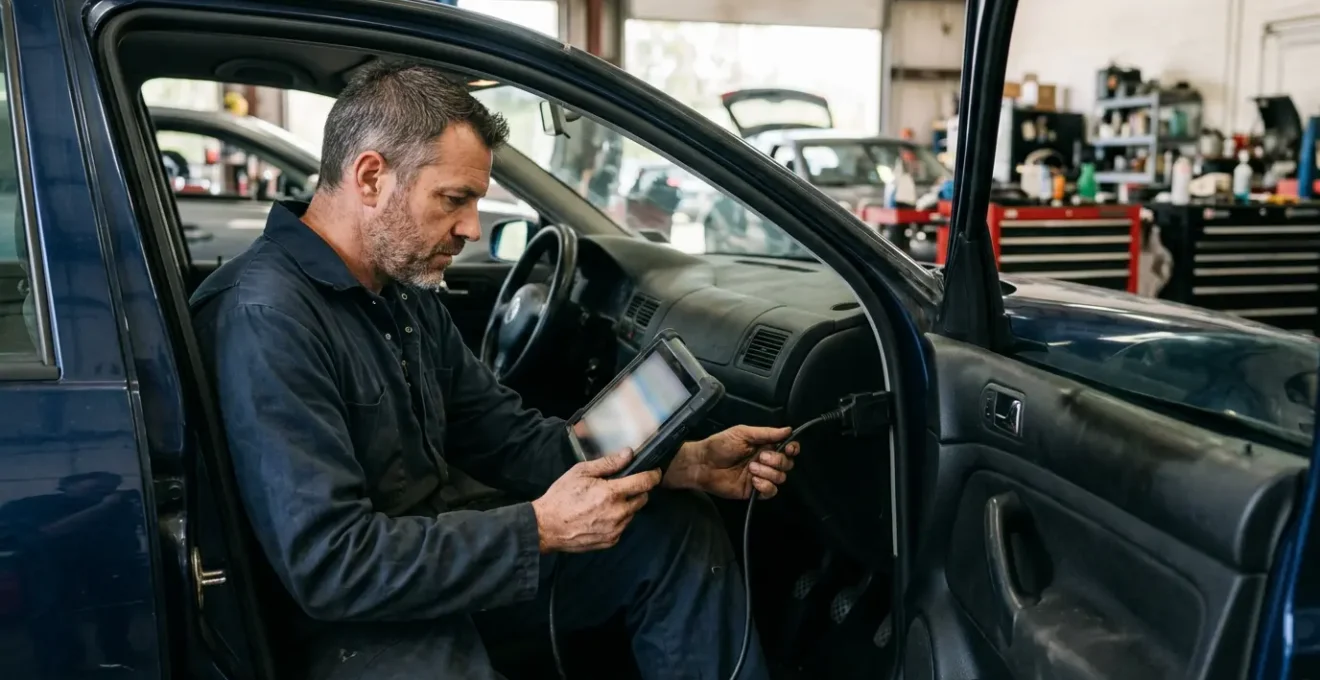 Mécanicien utilisant une valise de diagnostic électronique sur une voiture moderne dans un garage professionnel