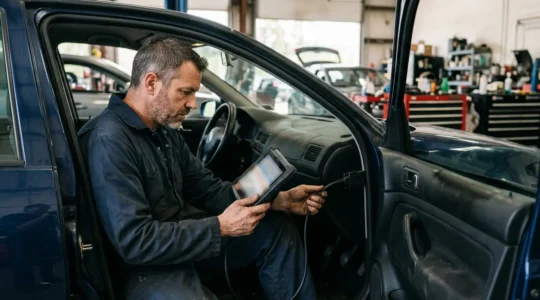 Mécanicien utilisant une valise de diagnostic électronique sur une voiture moderne dans un garage professionnel