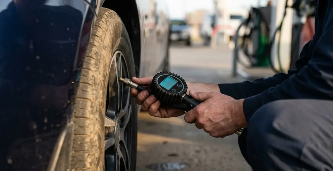 Vérification de la pression d'un pneu avec un manomètre numérique dans une station-service