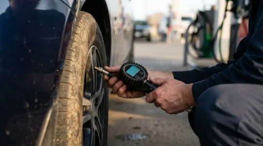 Vérification de la pression d'un pneu avec un manomètre numérique dans une station-service