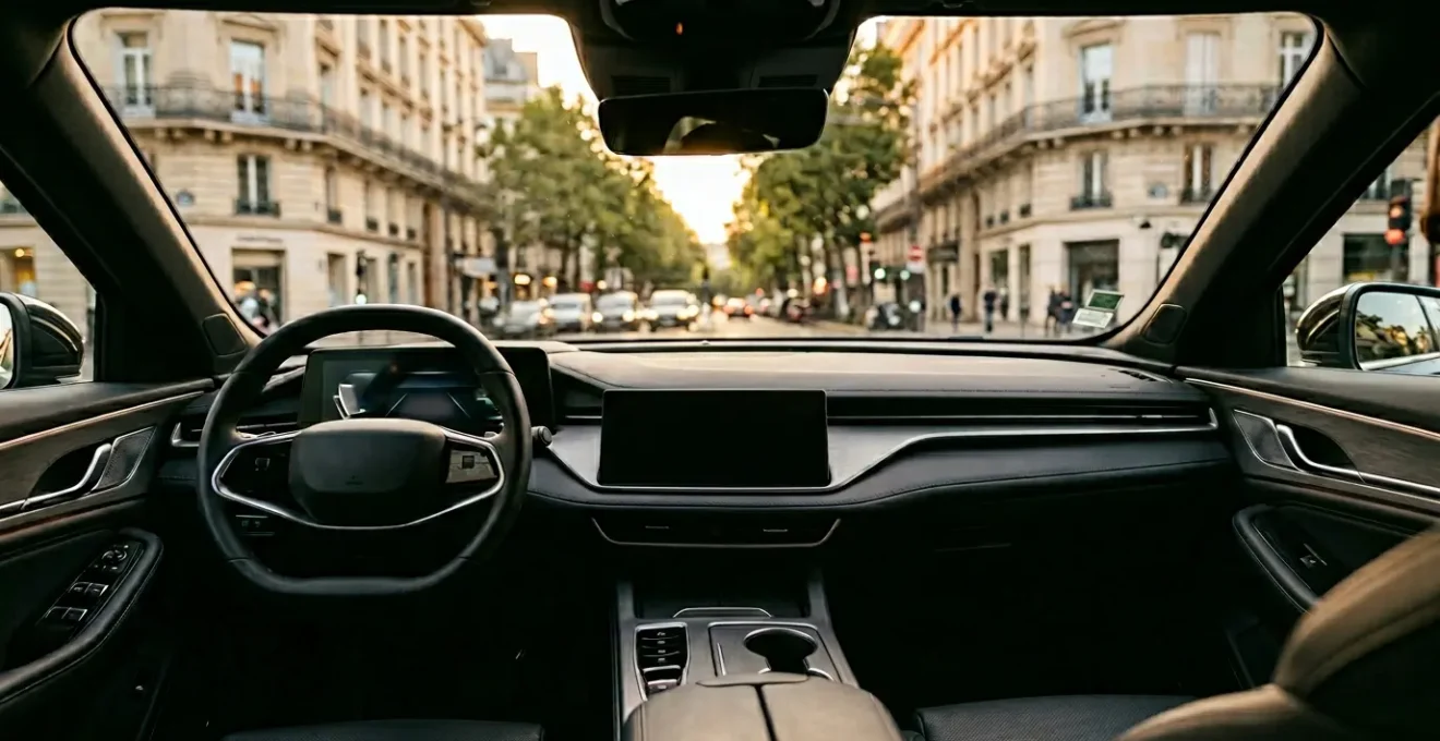 Tableau de bord moderne d'une voiture autonome avec systèmes de conduite activés dans un environnement urbain français