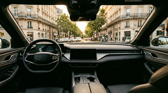 Tableau de bord moderne d'une voiture autonome avec systèmes de conduite activés dans un environnement urbain français