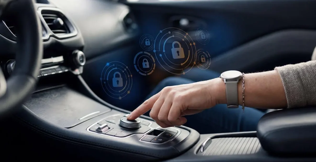 Interface de paramètres de sécurité d'une voiture moderne avec des options de confidentialité