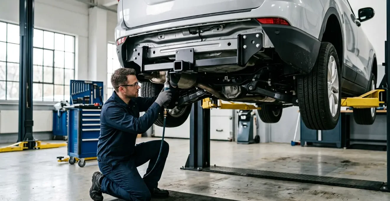 Installation d'un attelage homologué sur une voiture moderne en atelier professionnel