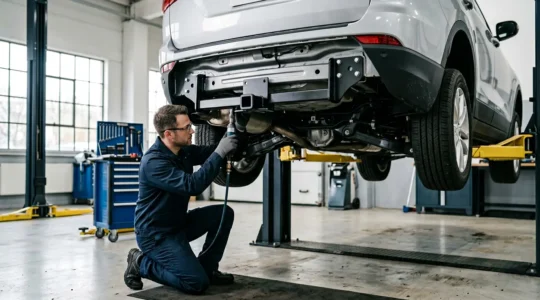 Installation d'un attelage homologué sur une voiture moderne en atelier professionnel