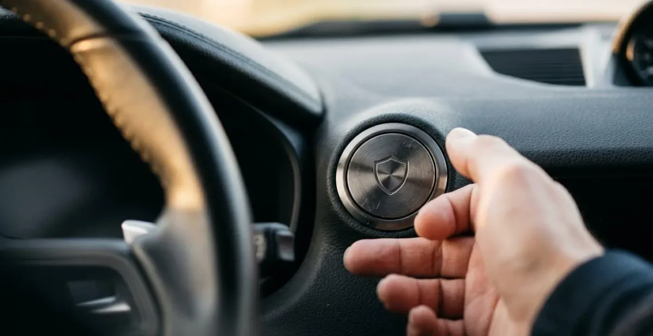 Intérieur de véhicule utilitaire montrant un bouton de désactivation GPS installé sur le tableau de bord