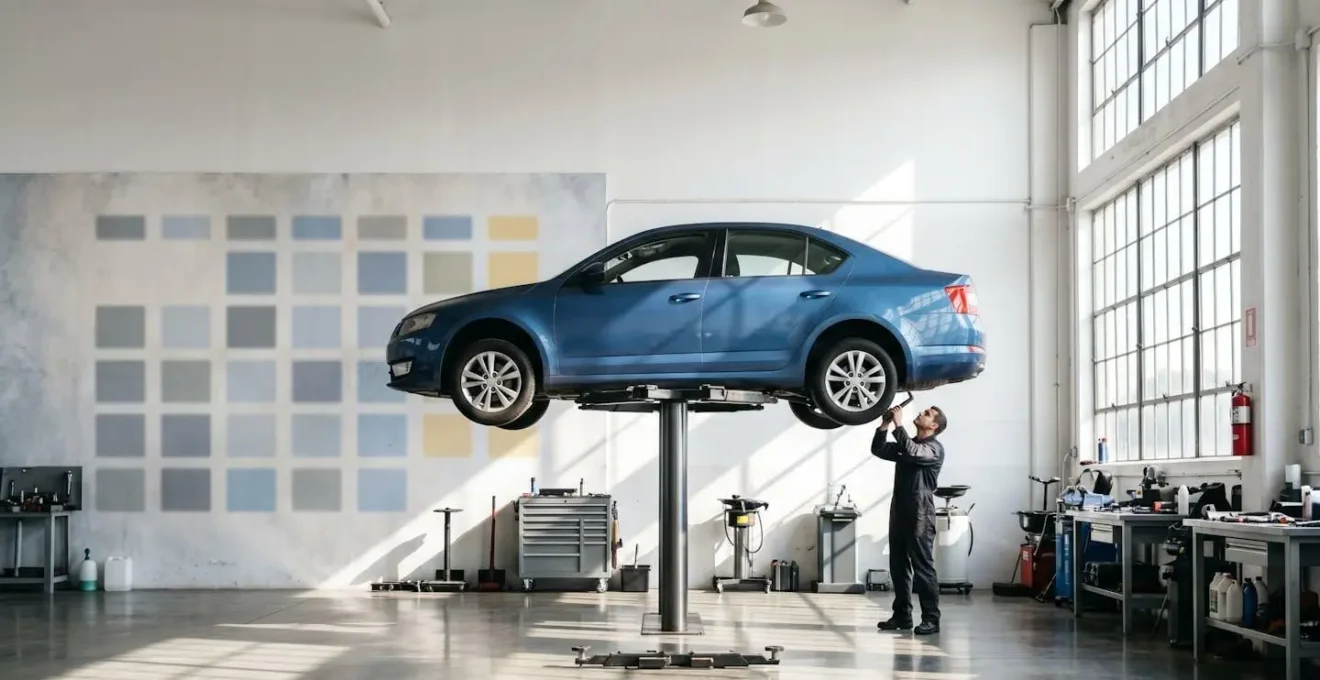 Vue d'ensemble d'un garage avec calendrier mural et véhicule en révision