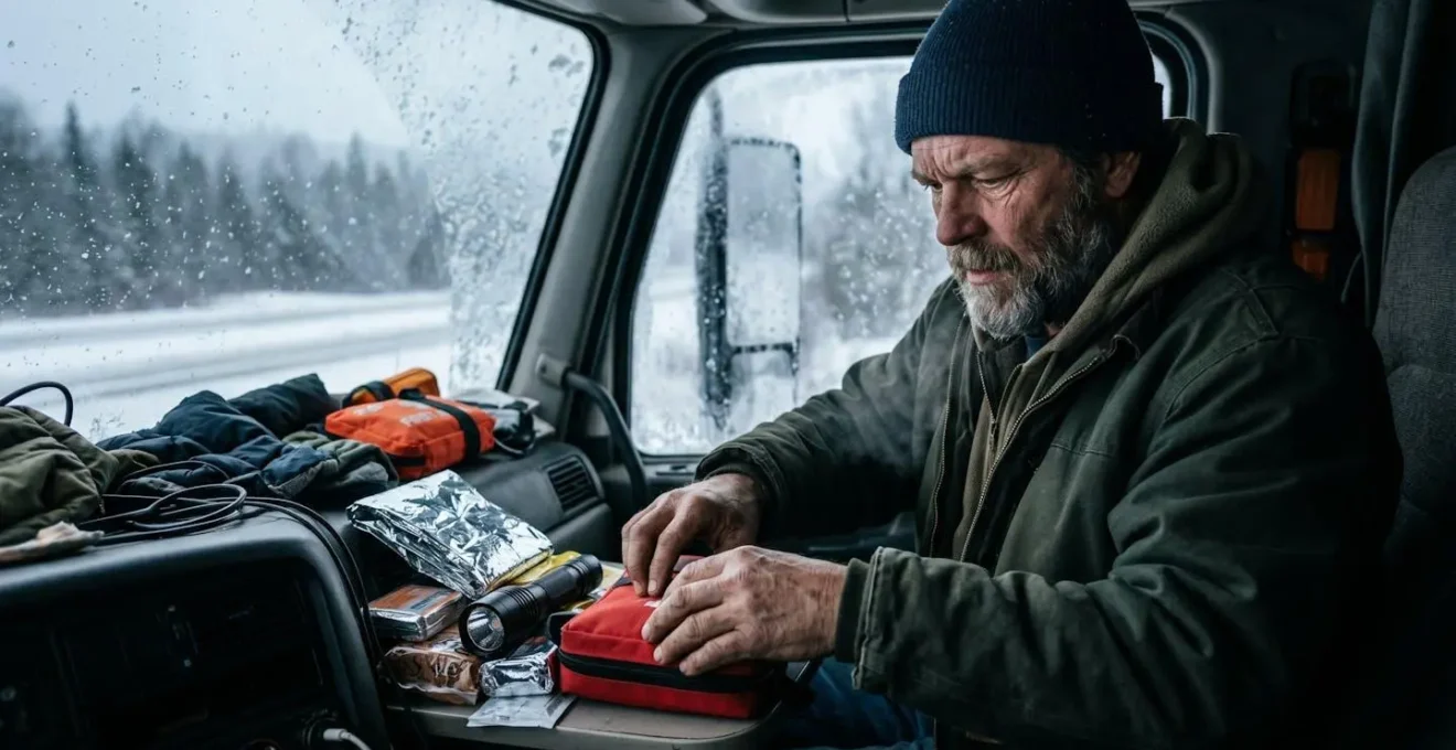Camion immobilisé dans la neige avec équipement de survie, illustrant un protocole de crise.