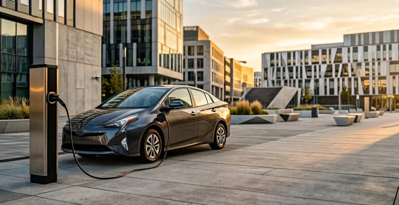 Voiture hybride moderne dans un environnement urbain avec indicateurs d'économie énergétique