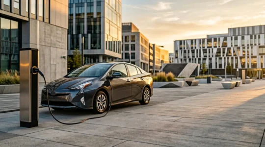 Voiture hybride moderne dans un environnement urbain avec indicateurs d'économie énergétique