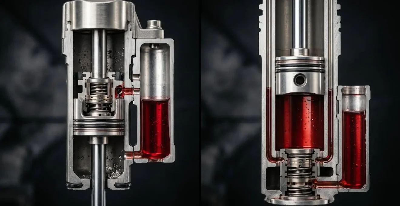 Comparaison visuelle entre amortisseur bitube à gaz et hydraulique standard
